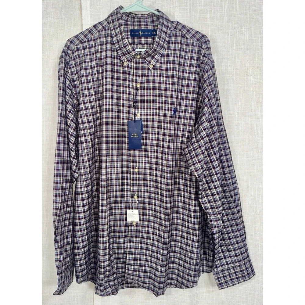 NWT Men's Ralph Lauren Oxford Long Sleeve Button Down Plaid Shirt XXL‎ Pony